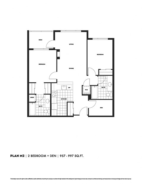 Floor plan for 2 beds, 2 baths, 957 sqft